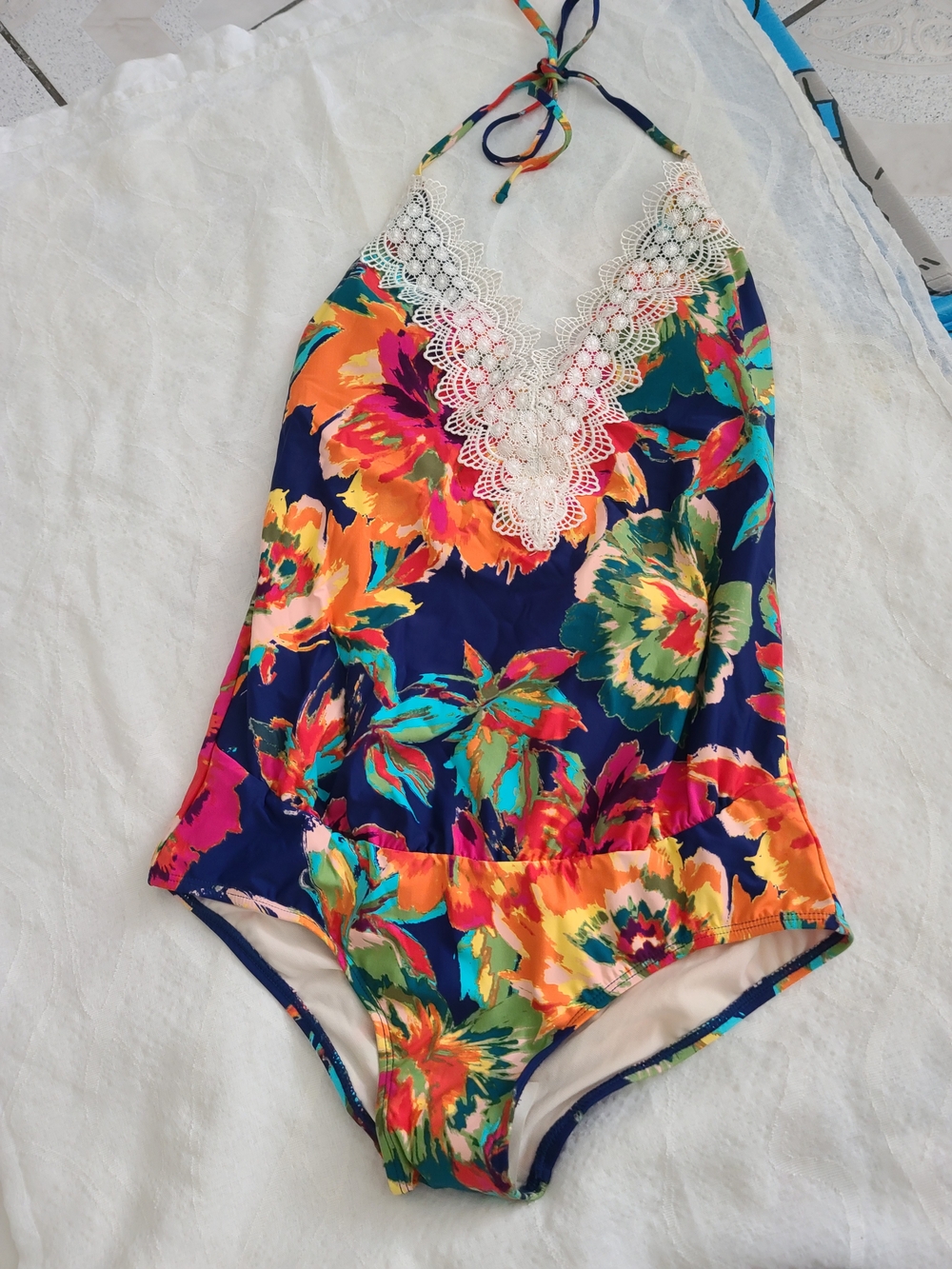 Monet Navy Floral Lace-Trim One-Piece Swimsuit